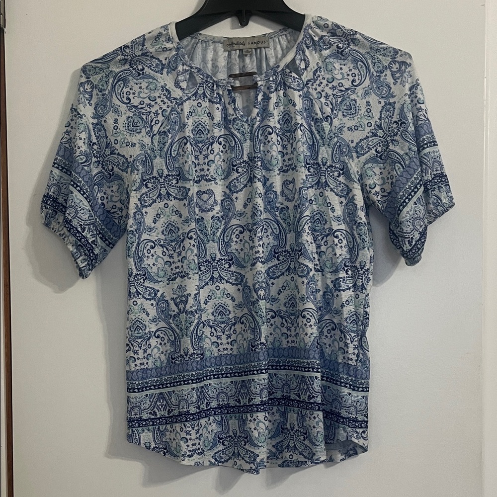 Absolutely Famous Blue and White Patterned Blouse